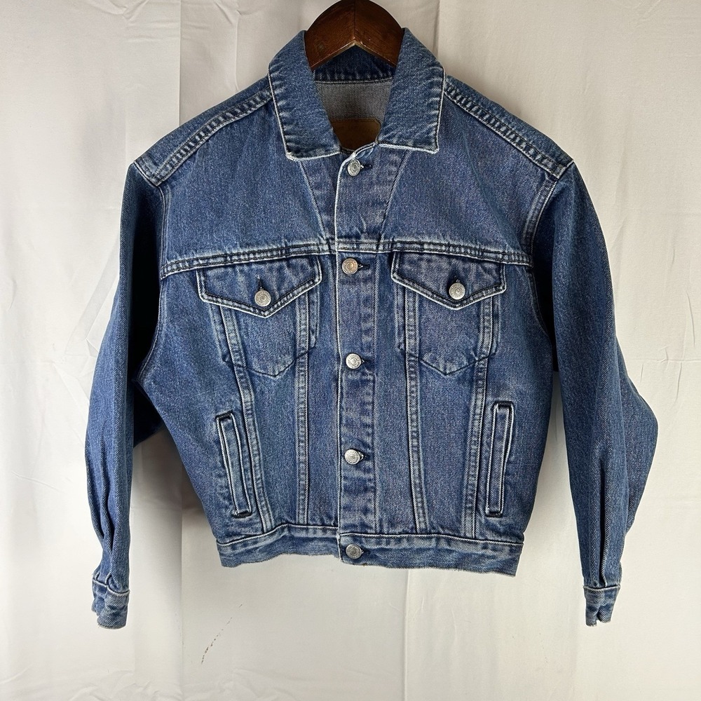 Vintage Gap Denim Jacket Womens Large Blue Trucker Jean Coat 90s‎ Style Cropped